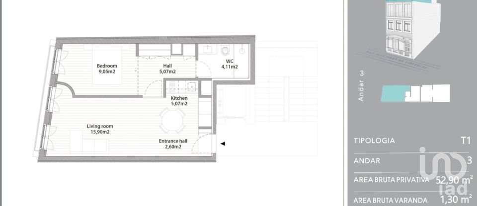 Apartamento T1 em Cedofeita, Santo Ildefonso, Sé, Miragaia, São Nicolau e Vitória de 52 m²